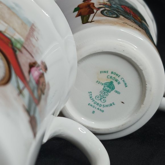 Staffordshire Tea Cups LOT of 4 with Antique Cars Victorian People and Gold Gild - Picture 10 of 15